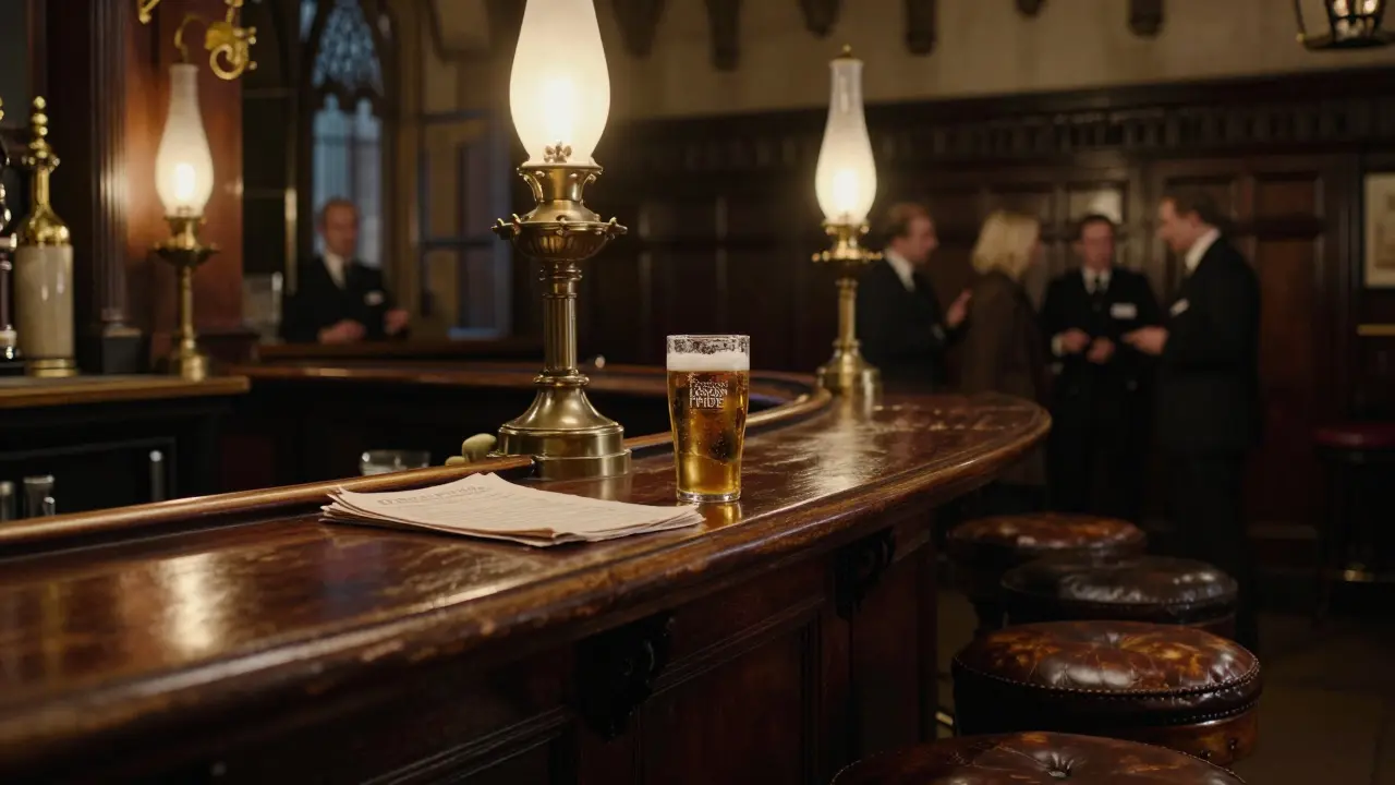 A dimly lit pub inside Parliament with wooden counters, leather stools, and a pint of beer beside parliamentary papers.