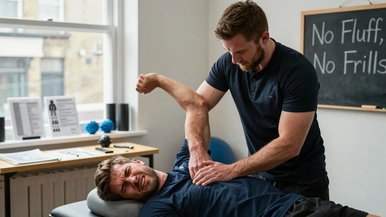 A former rugby player therapist uses precise forearm pressure on a client’s shoulder during a no-frills deep tissue session.
