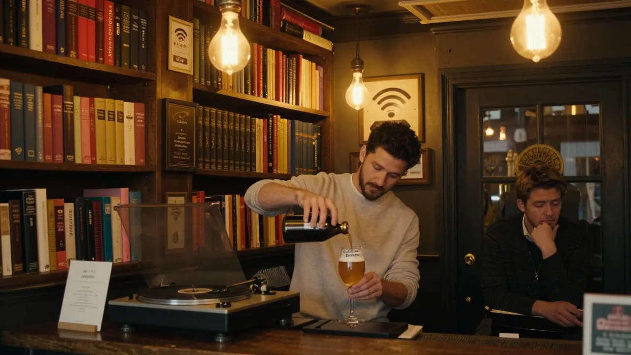 A hidden bar behind a bookshelf, lit by vintage bulbs, with poetry books and a turntable playing jazz.
