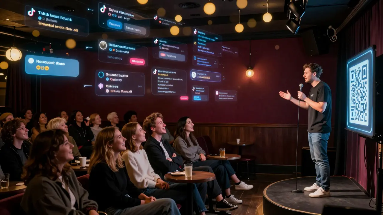 A hybrid comedy show at Soho Theatre with live audience and floating digital streaming metrics above the stage.