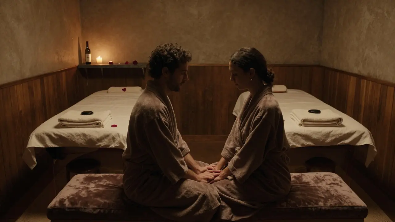 A man and woman sit silently on a velvet bench after a massage, fingers intertwined, with wine and a single rose petal beside them in a dim spa room.