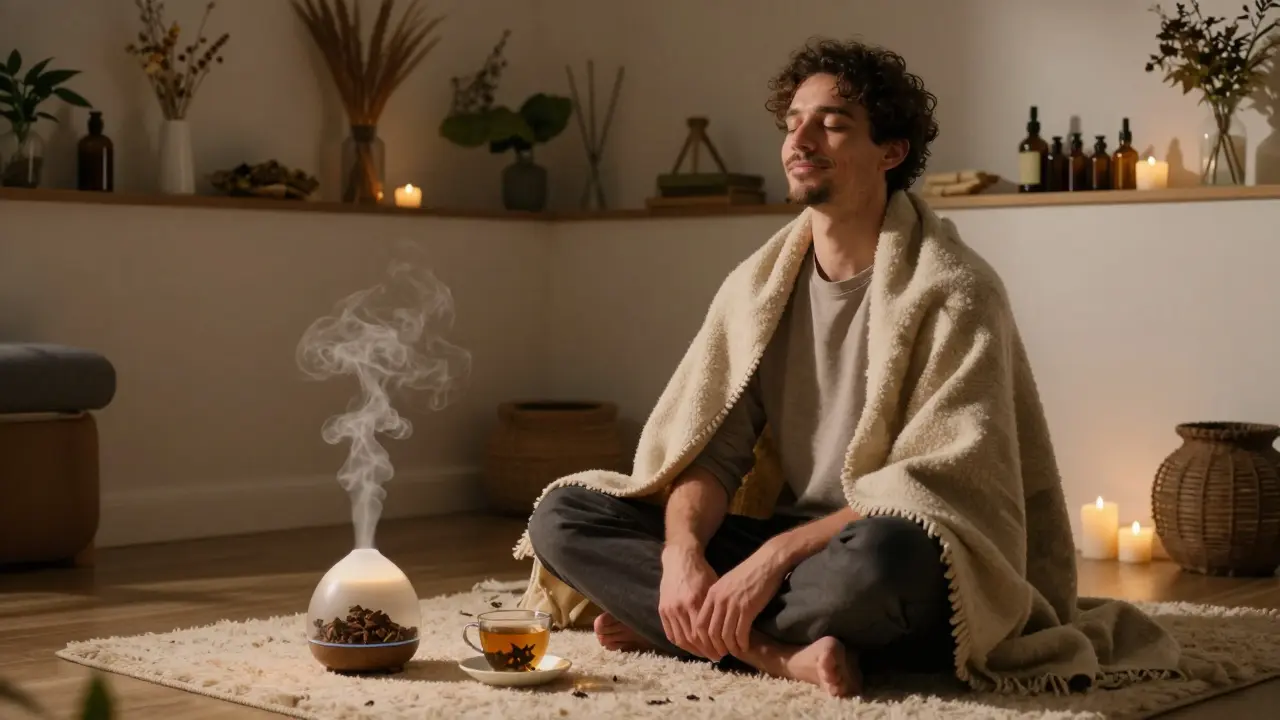 A man at peace in a candlelit therapy room, steam curling from a diffuser as he breathes deeply after a session.
