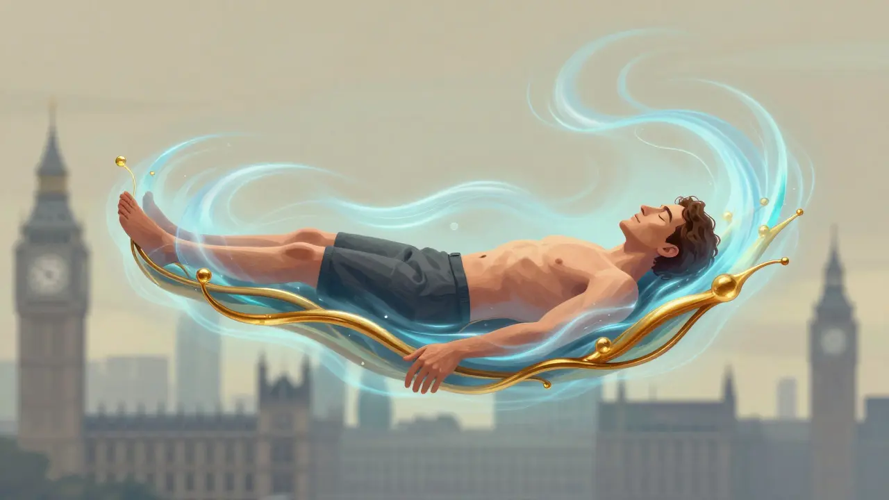A man floating peacefully in golden energy waves, symbolizing deep relaxation and emotional rebirth after a massage.