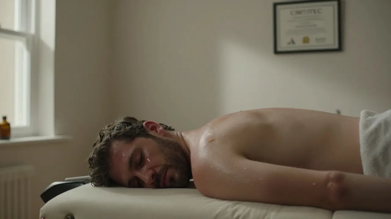 A man in deep relaxation during a Swedish massage, tear on temple, towel draped, calm therapy room setting.