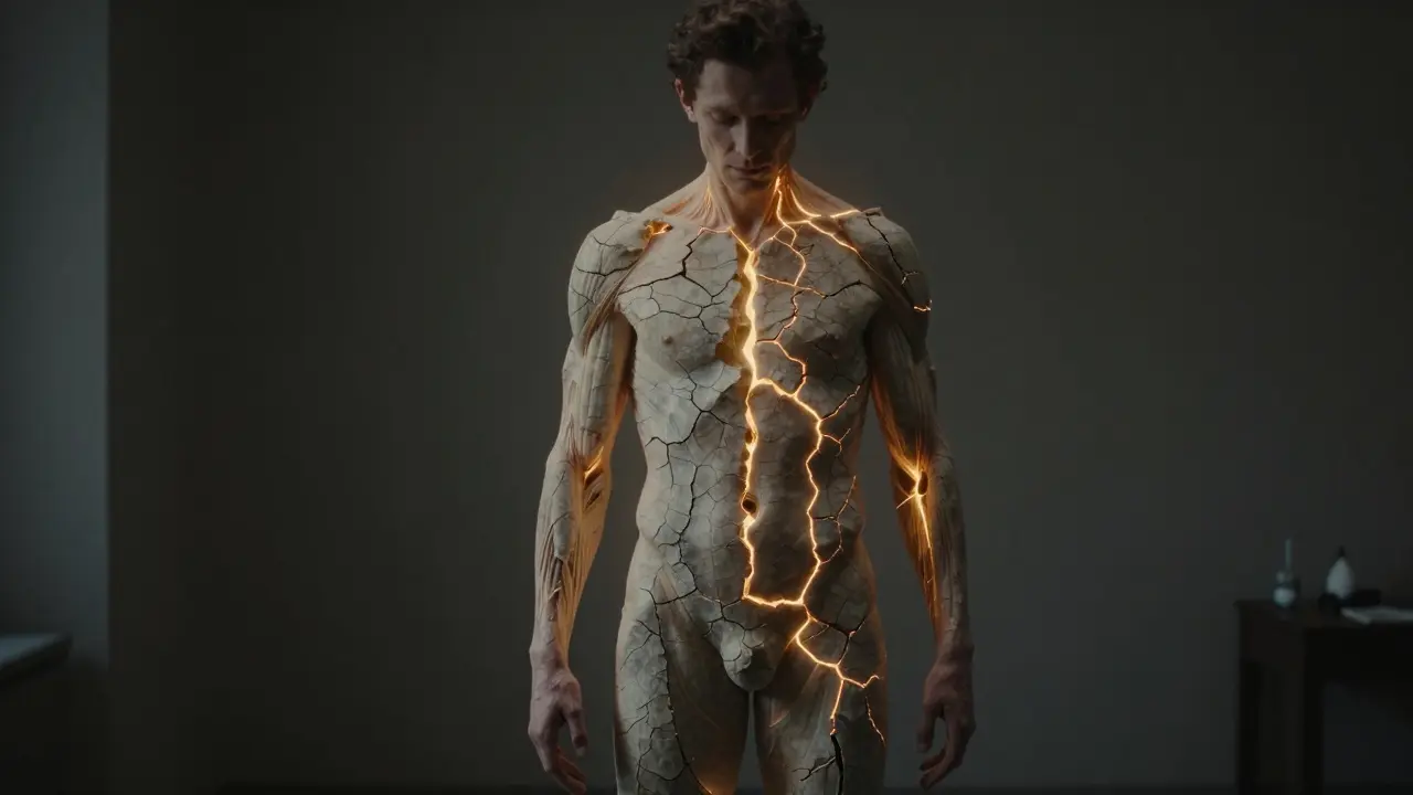 A man’s body cracked with golden light as if his muscles are breaking and rebirthing, symbolizing deep tissue transformation.