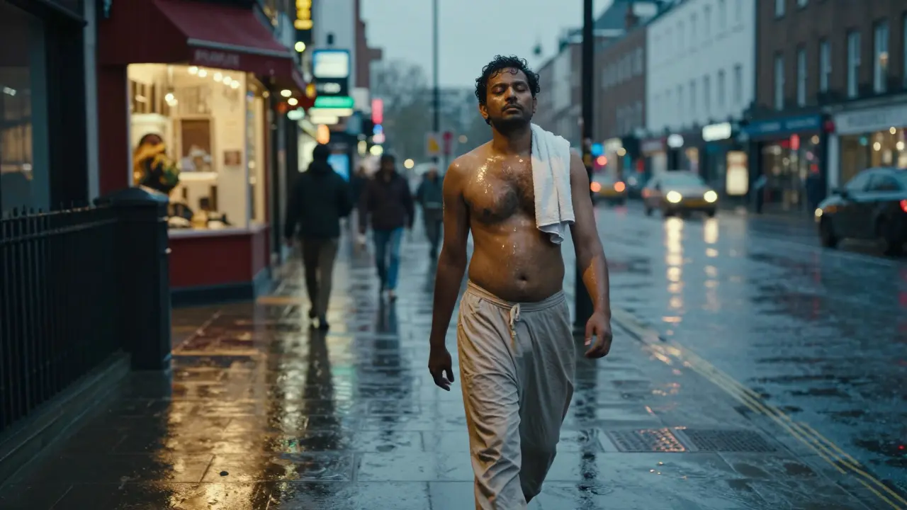 A man walking home at dusk after an Indian massage, oil glistening on his skin, visibly at peace.