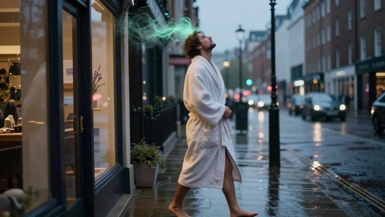 A man walking out of a massage studio at dusk, robe wrapped tight, aromatic oils swirling around him in the rainy city air.