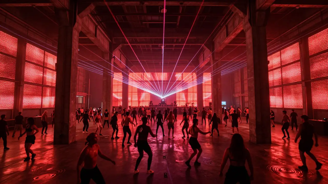A massive warehouse club with lasers, crowds dancing, and intense bass lights pulsing through the space.