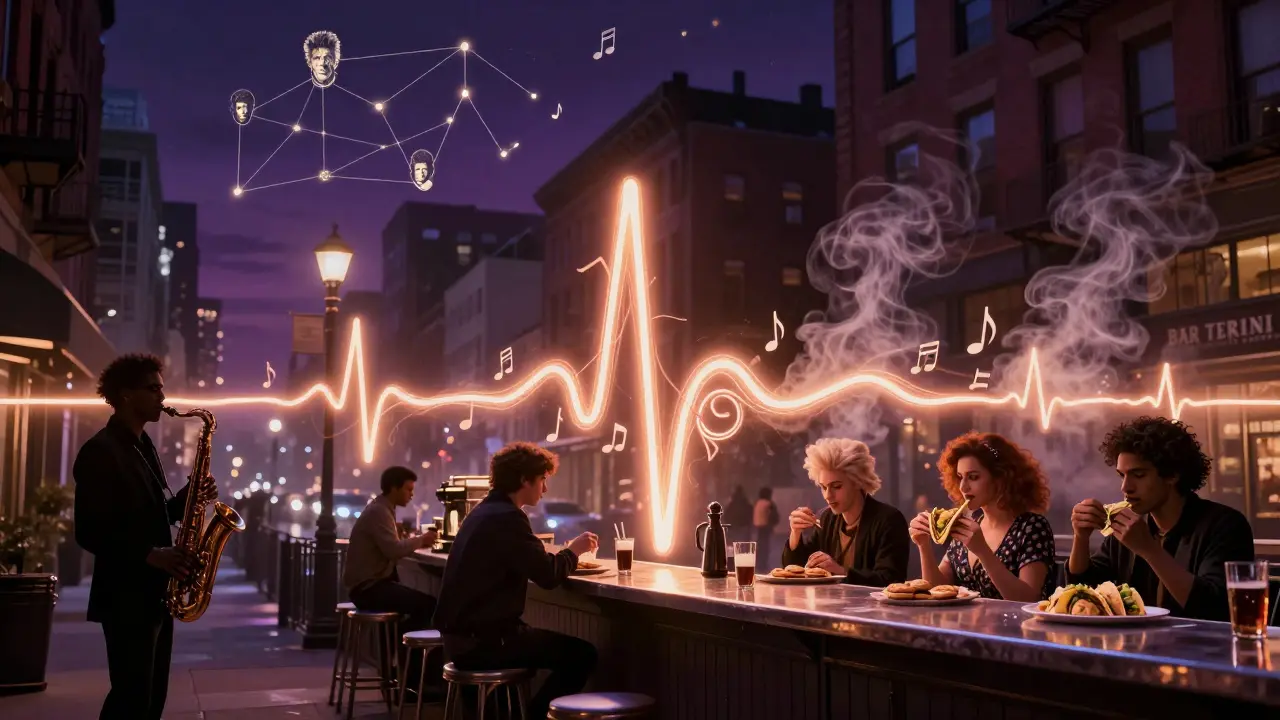 A surreal heart made of light and sound pulses through Soho, connecting musicians, street vendors, and legends in a dreamy urban landscape.