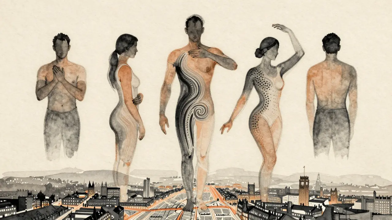 Abstract watercolor representation of the five Swedish massage techniques flowing over a human form and London map.