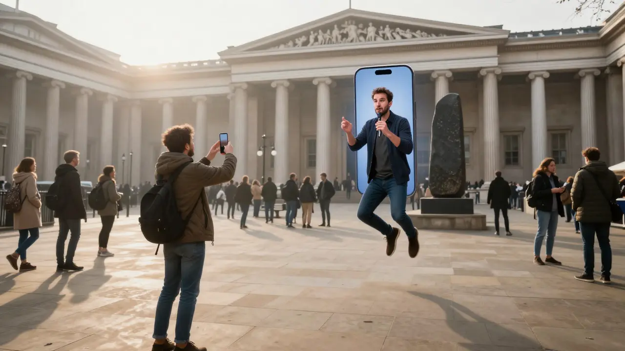 An augmented reality comedian appearing in mid-air beside the British Museum, visible only through a passerby's phone screen.