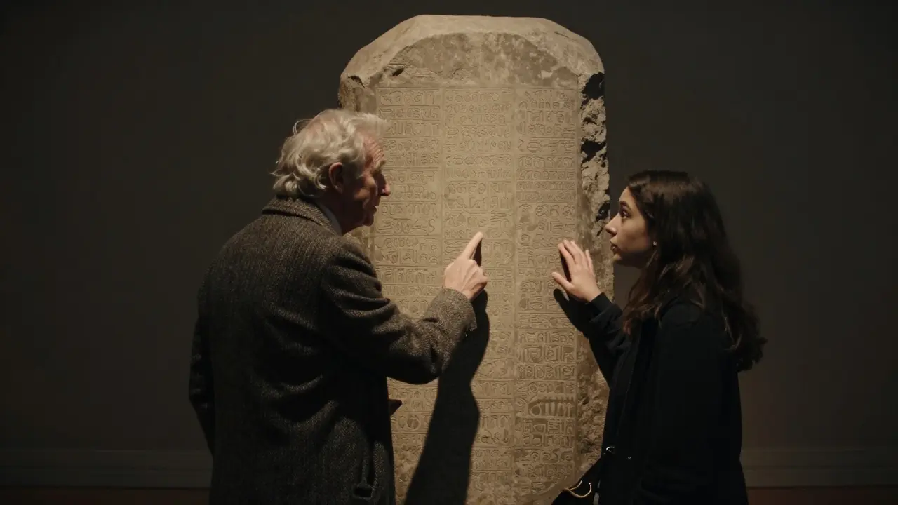 An elderly man and a young student gazing intently at the Rosetta Stone in a quiet museum gallery.