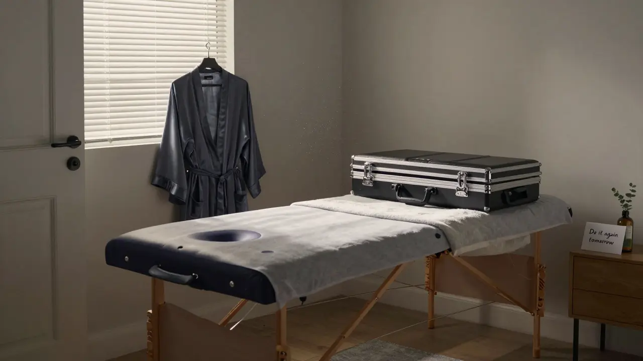 An empty bedroom at dawn, massage table stored away, robe and note left behind — silence and peace lingering in the morning light.