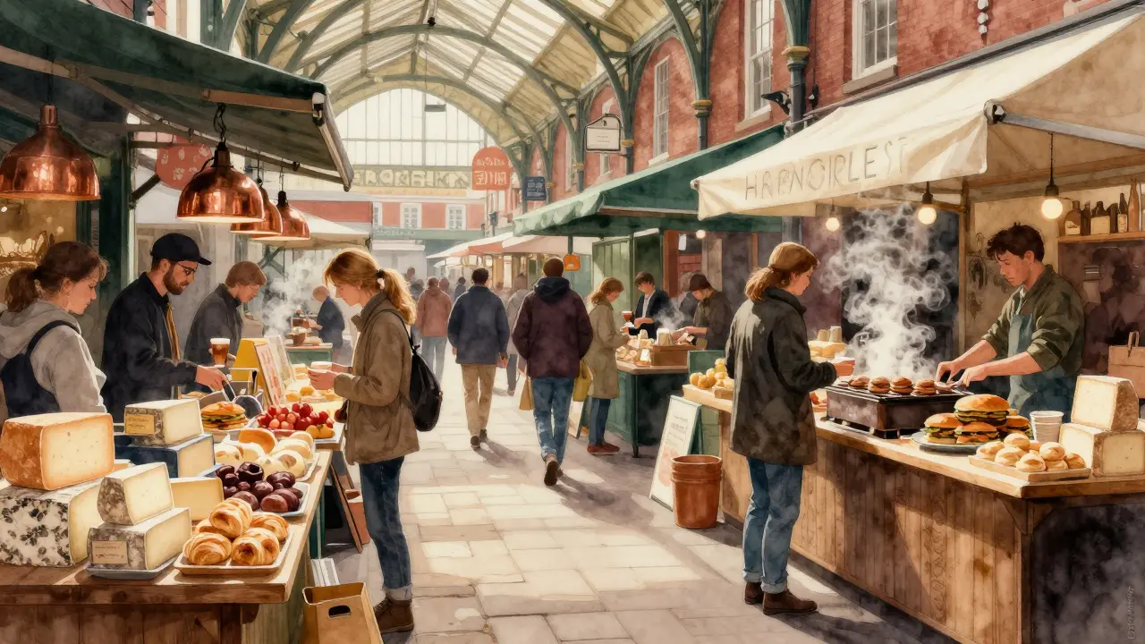 Borough Market food stalls with vendors and shoppers browsing produce