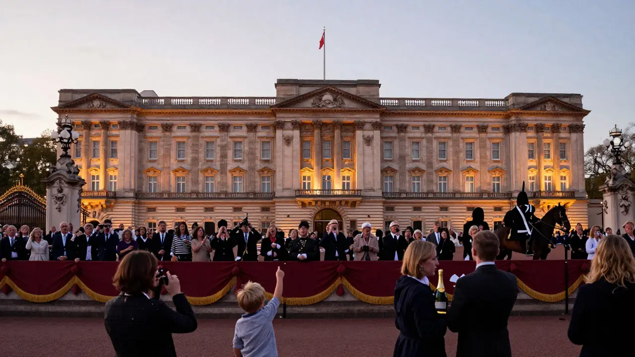 Buckingham Palace balcony lit at dusk during a royal celebration, with crowds singing the National Anthem in Green Park below.