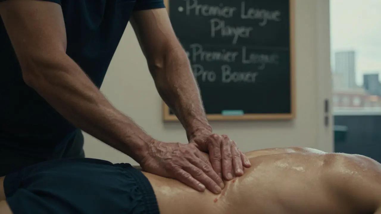 Close-up of a therapist's hands working on a runner's IT band, with chalkboard listing elite athletes in background.