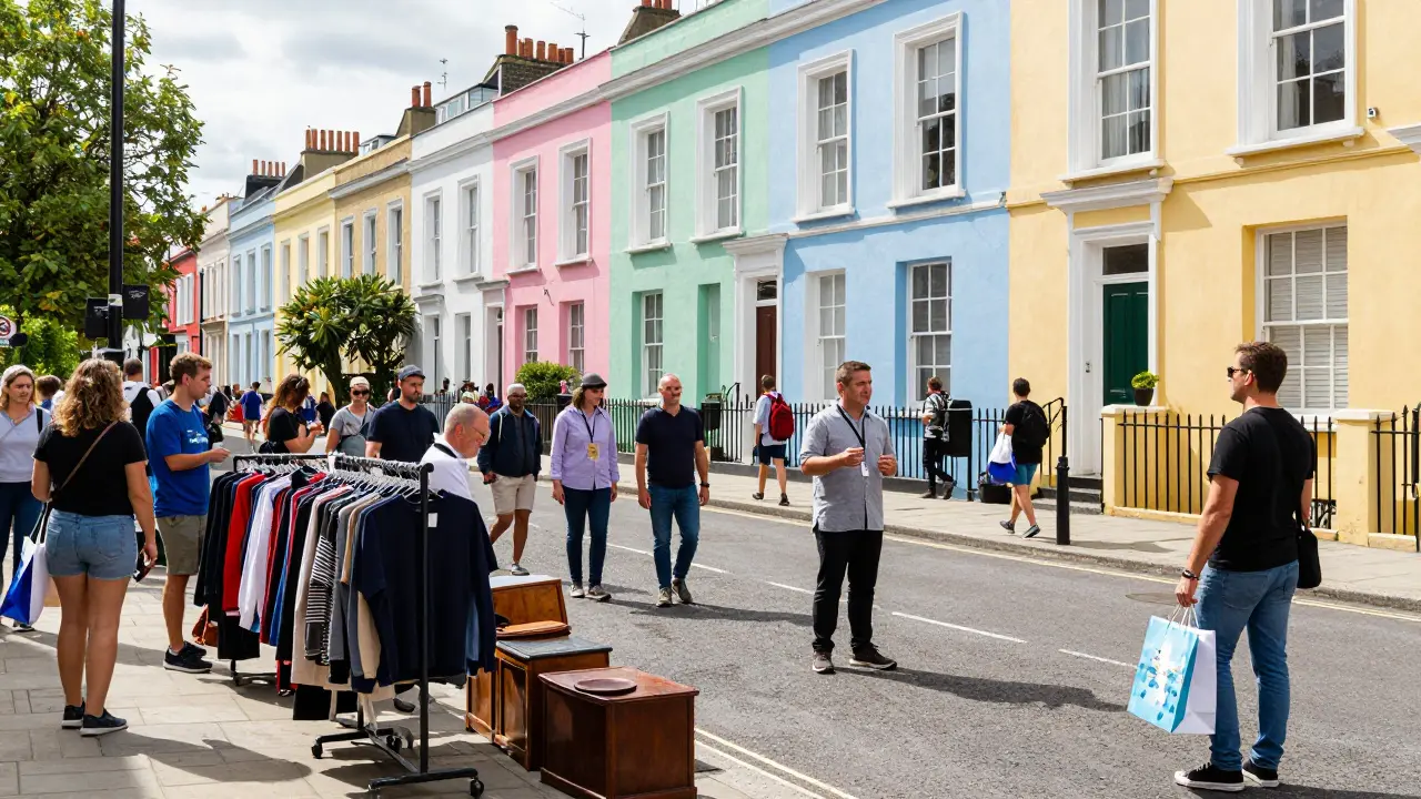 Colorful Portobello Road market with vintage stalls and Victorian houses.