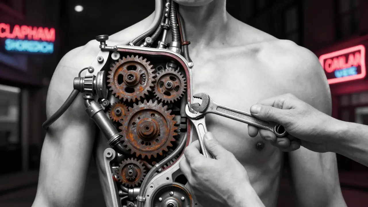 Conceptual image of a human torso as an engine, with knots as rusted parts being cleaned by therapeutic tools under London city lights.