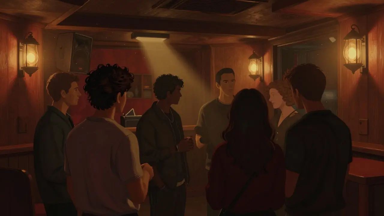 Cozy intimate sub-room with warm lighting and small groups.