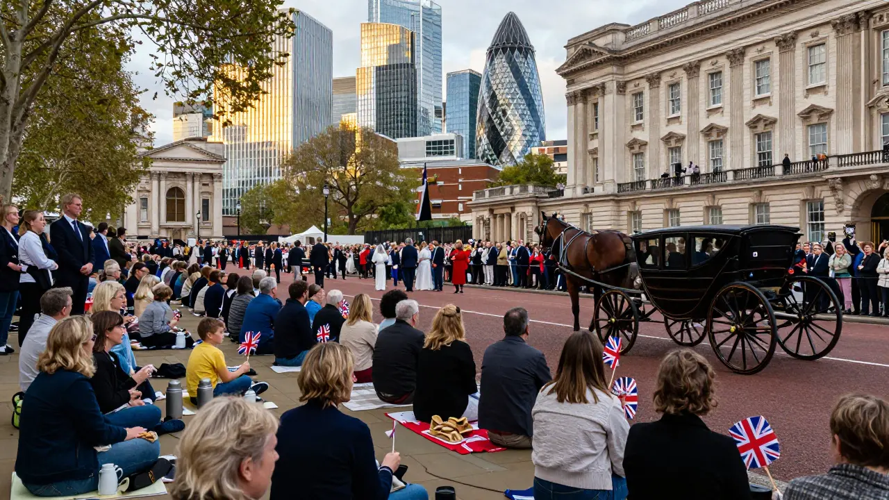 Crowds of Londoners picnic along the royal wedding procession route, holding tea and sandwiches under golden morning light.