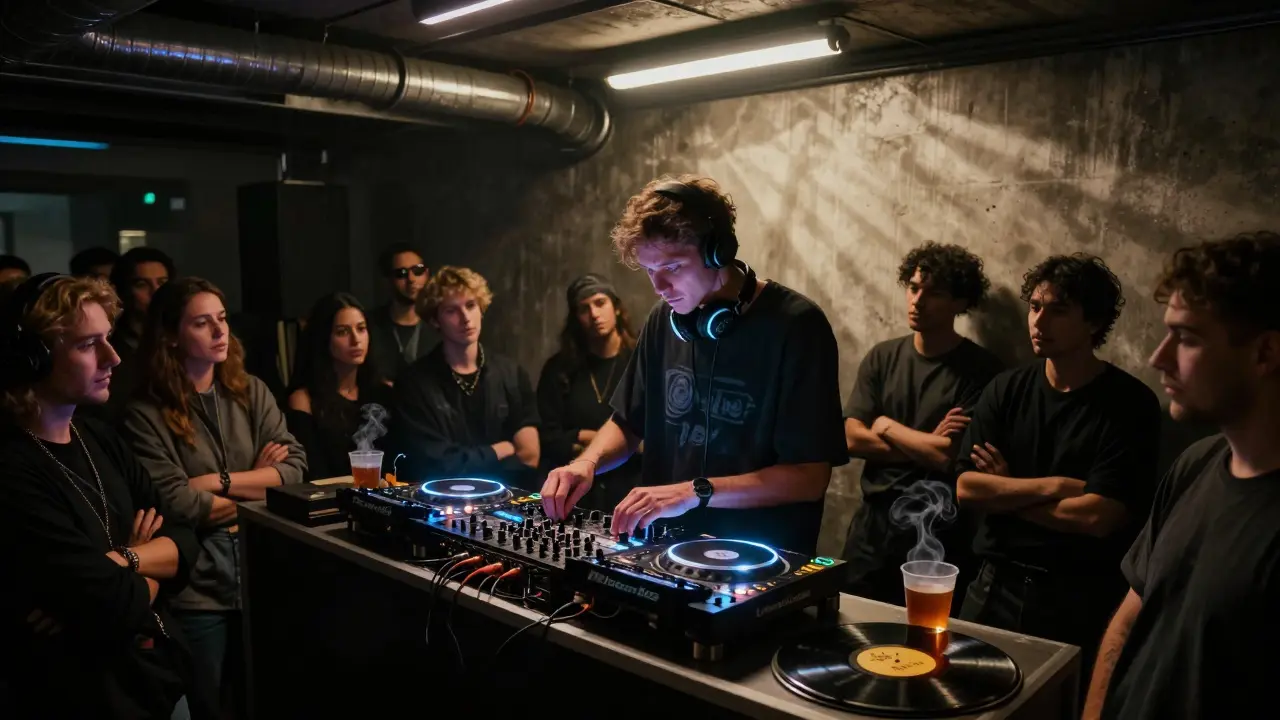 DJ performing in Fabriclive with intimate audience, glowing headphones and tea cup on table, deep bass visible as air ripples.