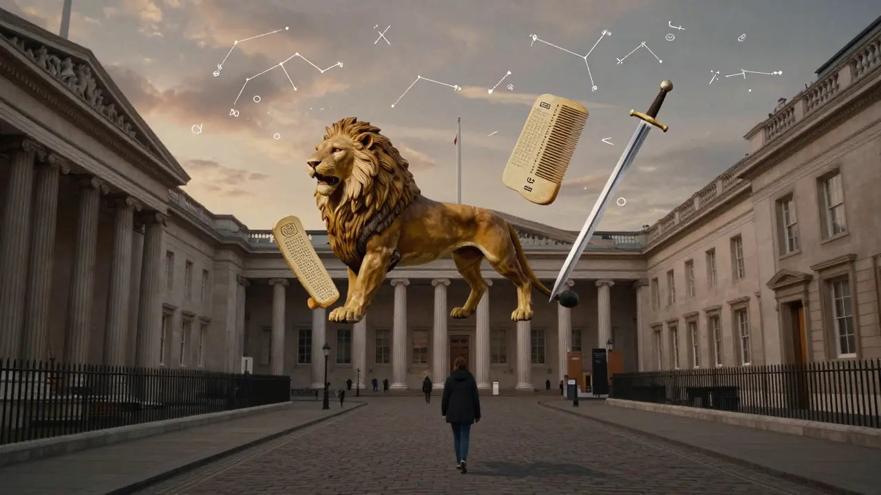 Floating ancient artifacts above a London street at dusk, with a lone figure walking toward the museum.