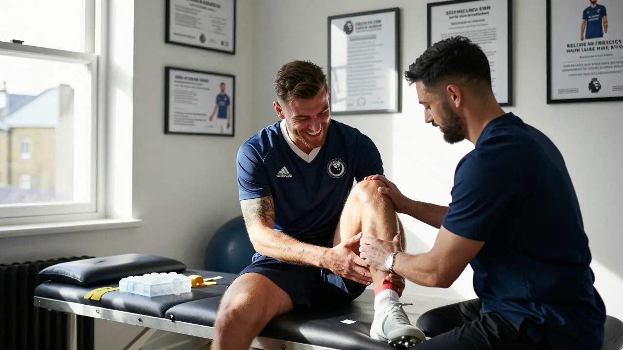 Footballer post-massage in West London clinic, therapist working on hamstring with certifications visible.