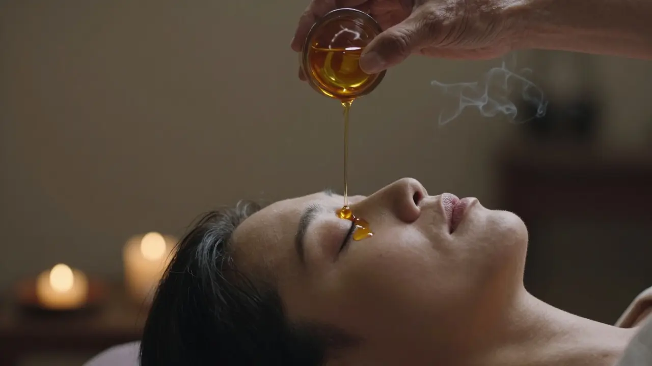 Golden oil slowly poured over a reclining person's forehead during a Shirodhara Ayurvedic therapy session.
