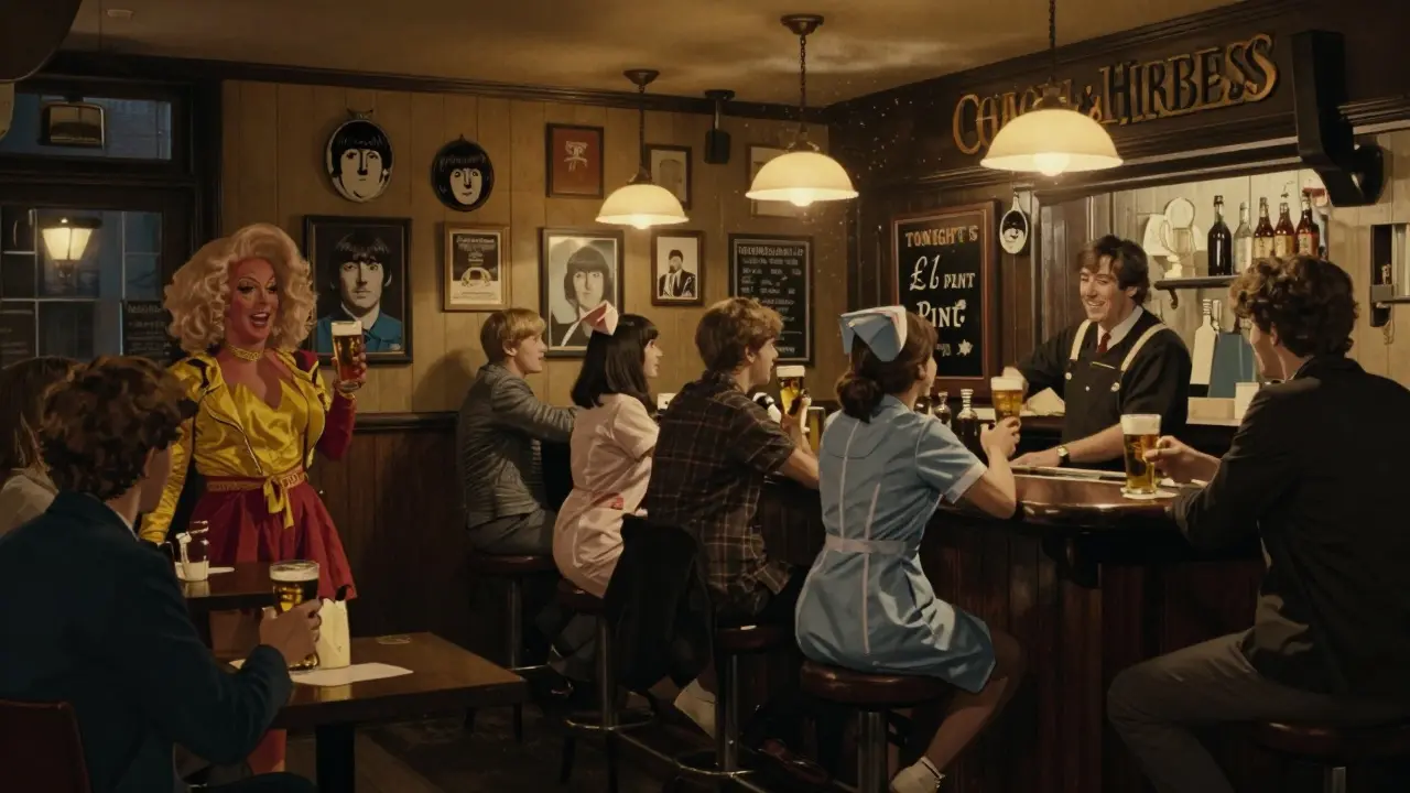 Inside The Coach &amp; Horses pub, diverse patrons raise pints under warm lights, with vintage decor and a barman pouring drinks.