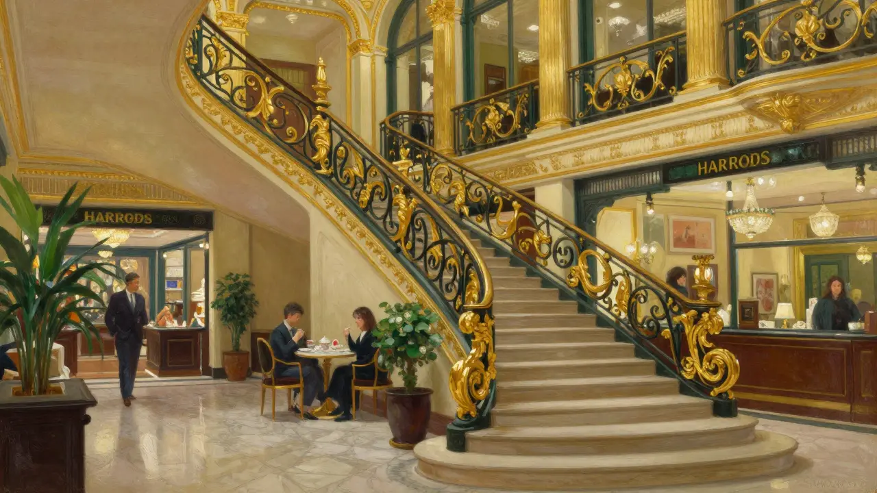 Oil painting of Harrods interior with grand staircase and gold details.