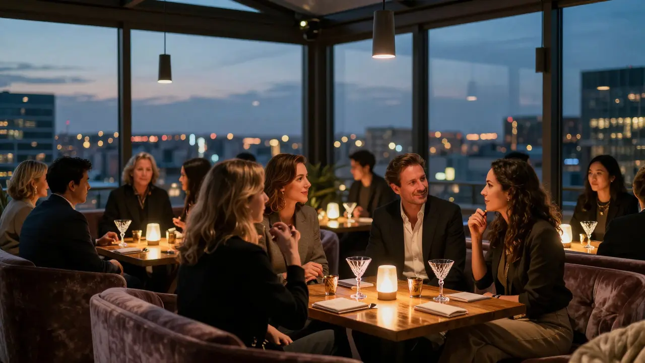 People drinking cocktails in a luxurious indoor-outdoor rooftop lounge.