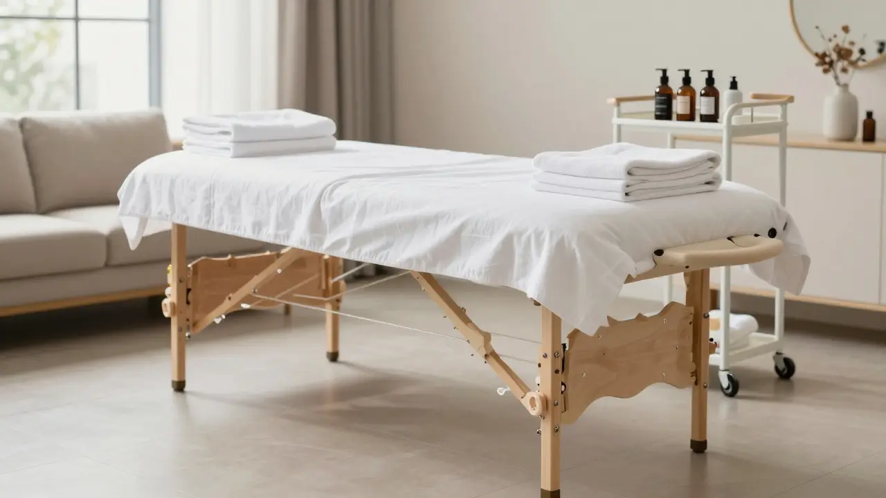 Prepared massage table with professional linens and equipment
