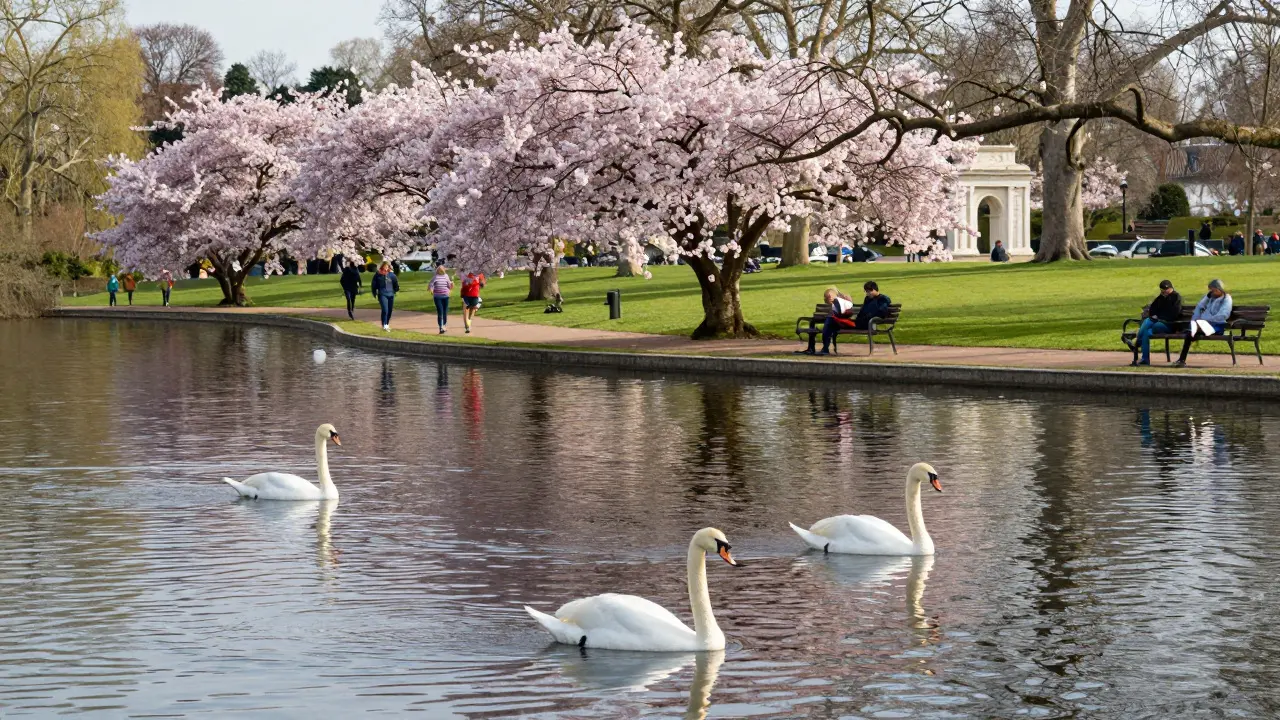 Swans on Serpentine lake in Hyde Park with cherry blossoms blooming