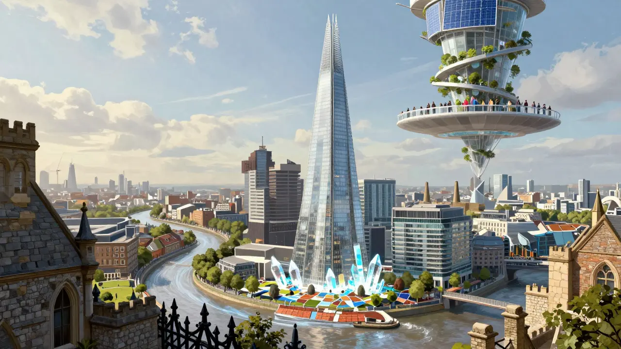 The Shard as a crystalline structure growing from layers of London’s architectural history, with a futuristic tower above.