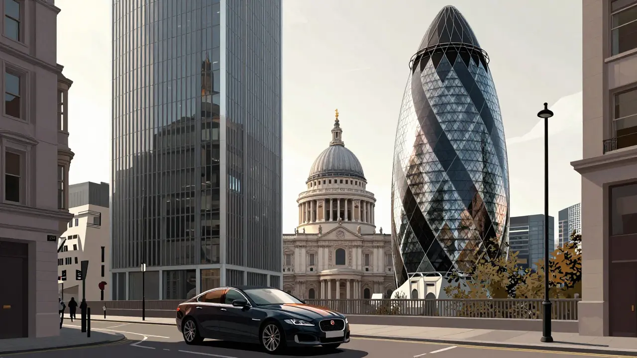 The Walkie Talkie and Cheesegrater skyscrapers in London’s financial district, with sunlight reflecting off their glass facades.