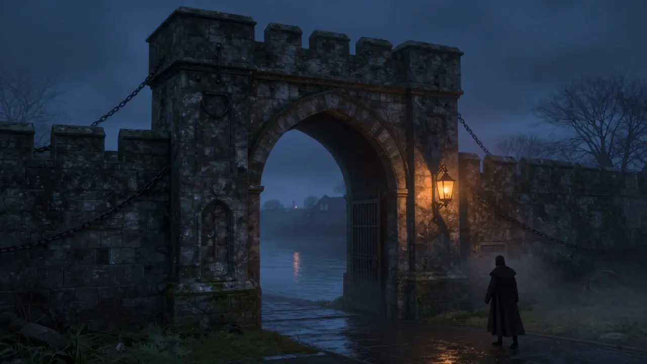 Traitors' Gate at twilight, iron chains on weathered stone, fog drifting over the Thames.