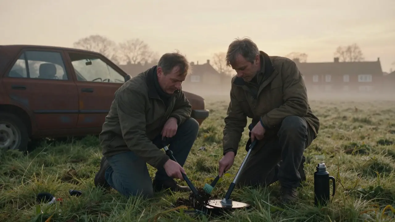 Two men kneeling in a misty field, using metal detectors to search for coins near a suburban London estate.