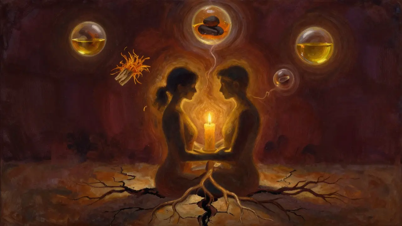 Two silhouetted figures merge in golden light, with floating symbols of oil, stones, and scents above them, representing emotional reconnection.