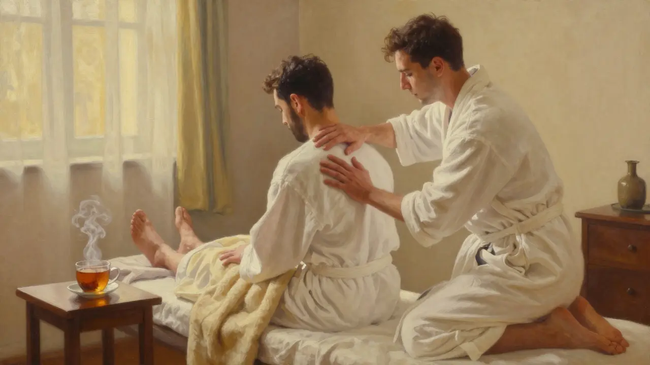 Two therapists working in silence on a man’s back and legs during a 2-hour relaxation session, herbal tea nearby, soft light.