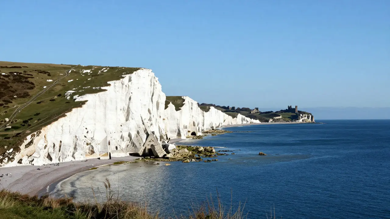 White Cliffs of Dover with castle ruins visible on a clear winter morning.