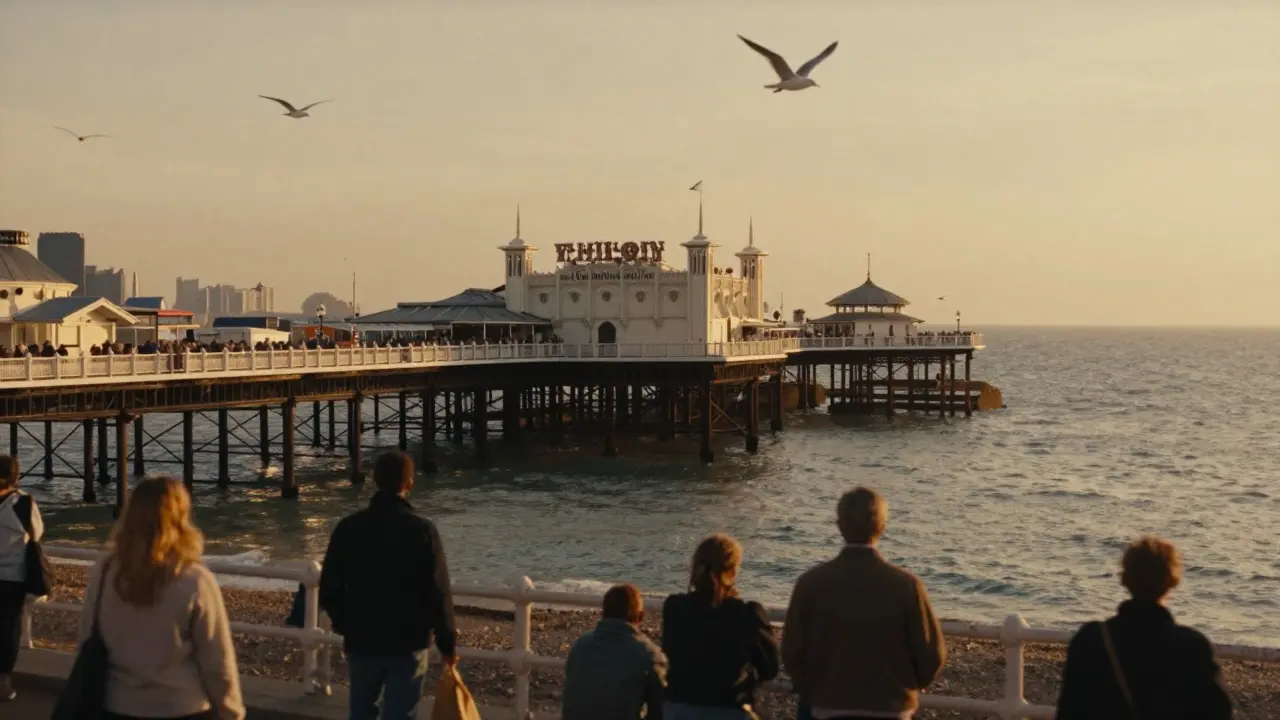 Wooden pier extending into the sea at Brighton with city skyline in background.